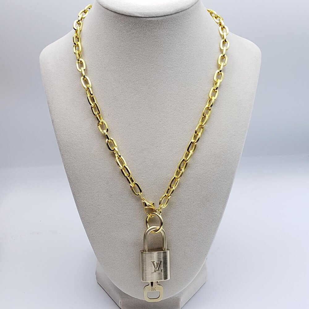 Stainless Steel Gold-Plated Necklace with Authentic Louis Vuitton Padlock